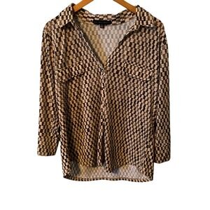 Adrienne Vittadini Womens Button Down Shirt Size XL Geometric Print Long Sleeve‎